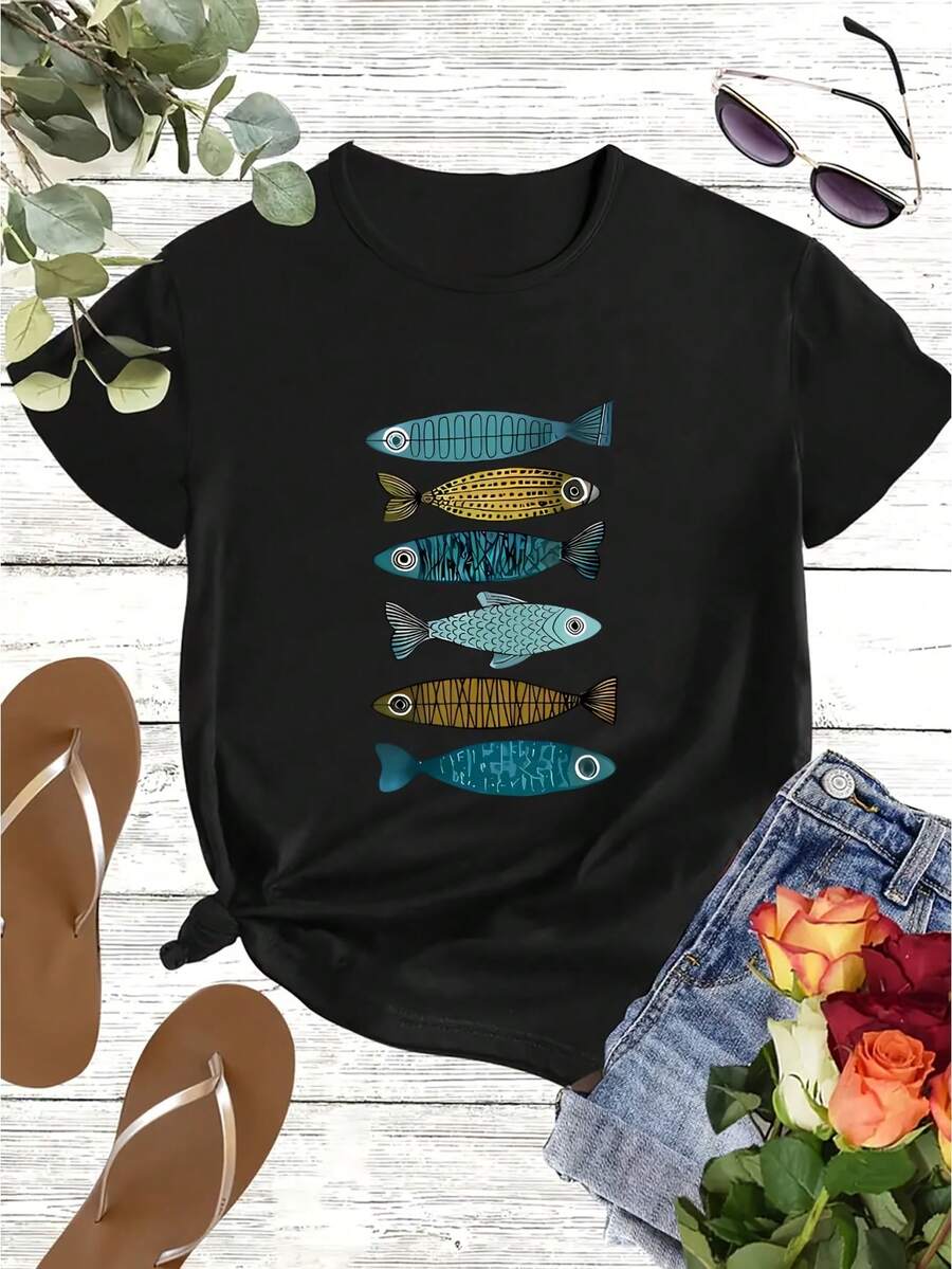 Women'S Y2K Fashion Crew Neck T-Shirt Casual Short Sleeve Top With Geometric Fish Pattern,.All Season Comfort Fit - Black - View 1