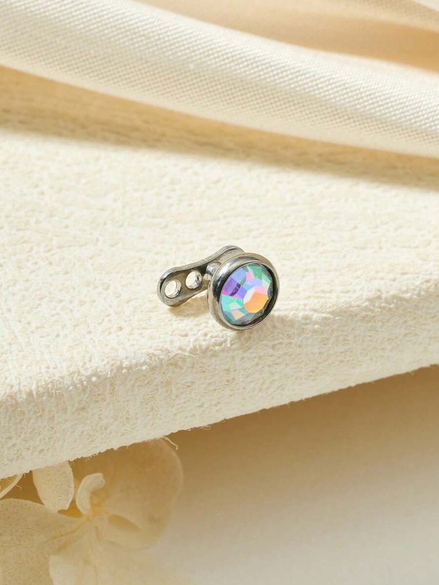 1pc Titanium Dermal Anchor Piercing Jewelry, Cubic Zirconia Embedded, Women's Style, Rainbow Diamond Dermal Top CZ Skin Micro Dermal Piercing Jewelry - Silver - View 1
