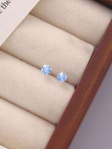 1 Pair S925 Sterling Silver Mini Sparkling Blue Zirconia Stud Earrings, Minimalist Design, Niche Elegant, Suitable For Women's Daily Commute, Vacation, Party, Can Be Stacked, Fashionable And Personalized Accessory For Pierced Ears - Drill - View 9