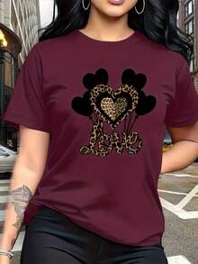 A Combination Of Wildness And Tenderness, This Black Heart-Shaped Balloon Pattern Print With Leopard Print Is Fashionable And Stylish. This Simple, Casual, Round-Neck, Short-Sleeved Women's T-Shirt Is Suitable For Activities Such As Leisure, Tourism, And Vacations. 13419 - Daily Wear, Easy To Wash And Maintain - 紫紅色 - 查看 2