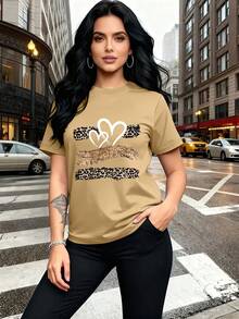 Glitter Heart Print T-Shirt With Leopard Print Design,  And Breathable, Suitable For Family Trips, School Activities, Casual Sports, Daily Commutes, Matching Sister Outfits, Versatile T-Shirt. 9XO7 - 卡其色 - 查看 6