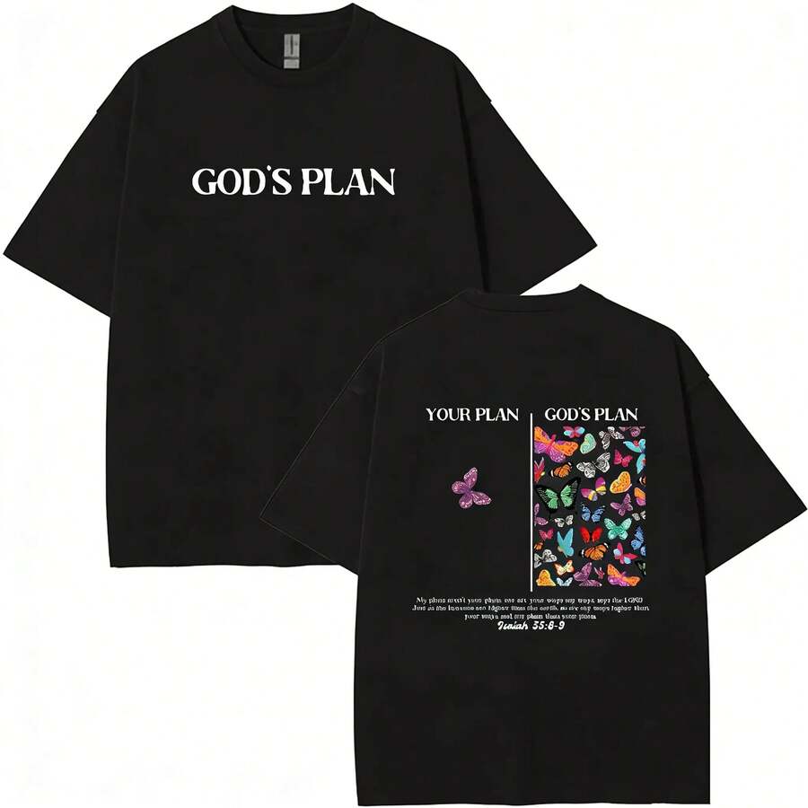 [New Collection For Women] Unisex T-Shirt "God's Plan", Christian T-Shirts, Vintage 90s Graphic Tee, Gift T-Shirt For Women, Cotton Streetwear For Summer, Gift For Her, For Mom, For Women's Clothing - 黑色 - 查看 1