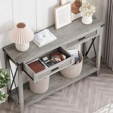 43-Inch Bohemian Console Table For Entryway, Rattan Drawers, Wooden Entryway Or Sofa Table With Storage, Decorative Design For Living Room, Hallway Or Foyer - Grey - View 3