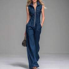 Women's Denim Sleeveless Zipper Front Jumpsuit, High Neck Wide Leg Jumpsuit With Contrast Stitching, Casual Streetwear Outfit - màu đen - Xem 2