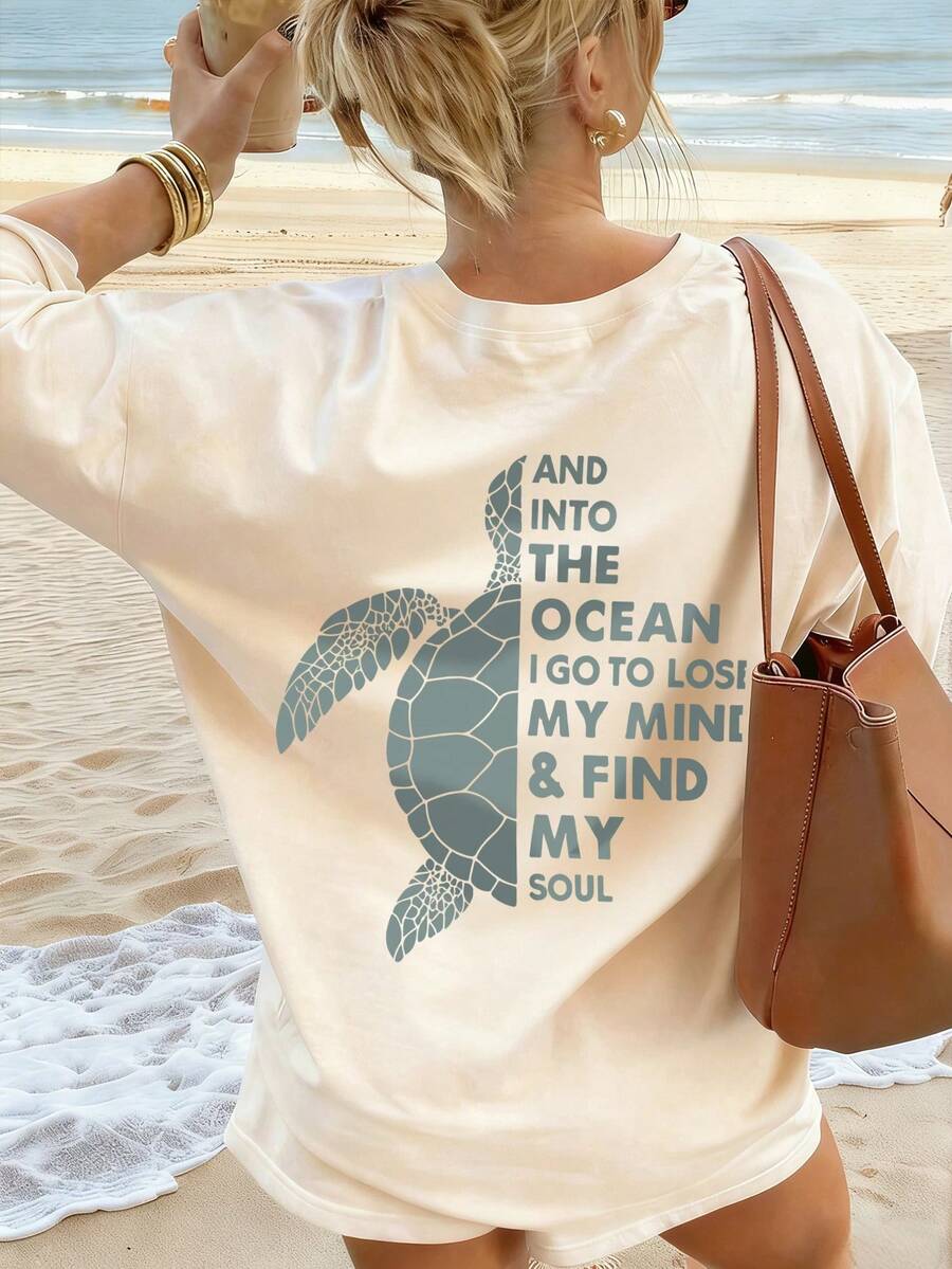 夏季女款“Into The Ocean”海龟印花宽松圆领短袖休闲度假上衣 - 杏色 - 查看 1