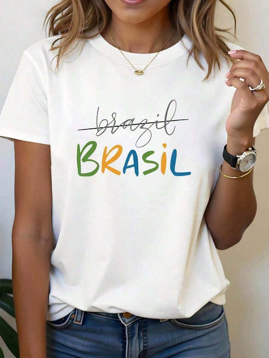 100% cotton Camiseta con estampado de letras de Brasil, manga corta y cuello redondo, top casual para verano y primavera, ropa de mujer - Blanco - Ver 1