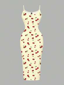 Vestido camisero de longitud completa ajustado con estampado de cerezas, adecuado para el verano - Multicolor 7 - Ver 5
