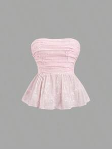 Top tubo con fruncido bordado para mujer, conjunto de estilo Y2K - Rosa - Ver 1