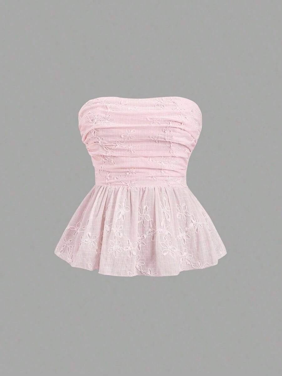 Top tubo con fruncido bordado para mujer, conjunto de estilo Y2K - Rosa - Ver 1