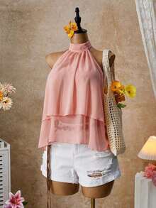 Blusa con cuello halter amarilla, blusa elegante con cuello halter, bajo con volantes en forma de A y cuello con lazo, camisa casual de oficina de color amarillo claro, blusa con cuello halter y espalda descubierta para playa y vacaciones - Rosa - Ver 6