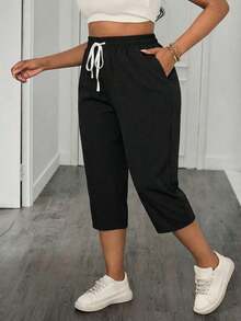 Pantalones capri con cintura con cordón para vacaciones de verano, pantalones de verano para maestros, con bolsillos, primavera, ceremonia de graduación, casual, azul - Negro 2 - Ver 5