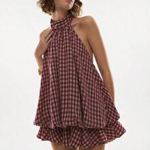 Women's Plaid Ruffle Hem Halter Neck Short Dress,Summer Dresses For Women - Café integral - Ver 5