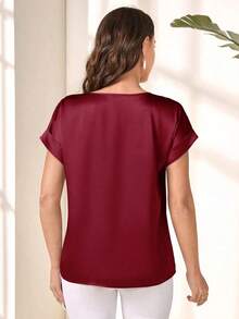 Blusa suelta elegante de verano para mujer con cuello redondo, mangas cortas tipo murciélago y unicolor - Blusas de manga corta - Burdeos - Ver 2
