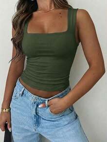 Camiseta sin mangas ajustada de unicolor con cuello cuadrado para mujer , Chaleco de unicolor minimalista y retro, Camiseta de punto sin espalda de moda de verano, Versátil y casual, Adecuado para el trabajo y el transporte - Verde militar - Ver 5