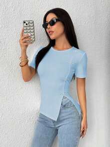 Camiseta de cuello redondo con abertura lateral y decoración de lazo con cristales para mujer - Celeste - Ver 9