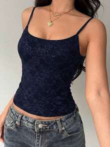 Camiseta de mujer nueva con encaje y aplicación de lentejuelas, ropa de calle sexy - Azul marino - Ver 5