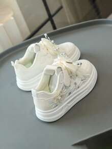 Girls' Summer Breathable Mesh Princess Shoes, Rhinestone Bow Soft Bottom Non-Slip Children's Casual Sneakers, Student Versatile Sports Shoes - White - View 3