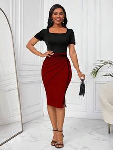 Lady Vestido elegante ajustado con cuello en V a rayas, manga corta y bajo con abertura para mujer en verano - Burdeos - Ver 6