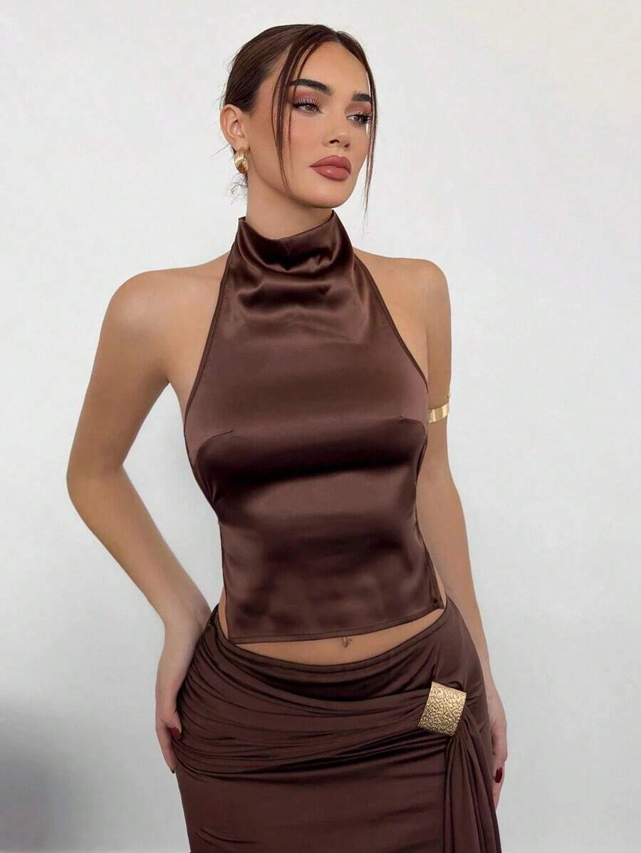 Camiseta sin espalda con cuello alto y cordón en el bajo, color marrón, para mujer, para fiesta y eventos de otoño/invierno - Marrón - Ver 1
