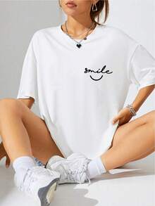 Camiseta de mujer con letras impresas y hombros caídos - Blanco - Ver 7