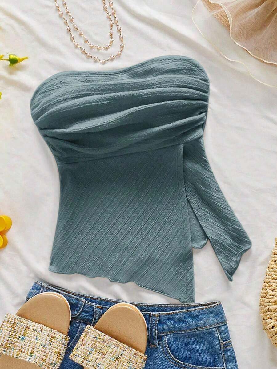 tubo fruncido de estilo elegante, romántico y elegante en color amarillo, apropiado para fiestas, vacaciones en la playa, regreso a la escuela, citas románticas, temporada de bodas, cumpleaños, Pascua, vestimenta de primavera/verano - Niebla azul - Ver 1