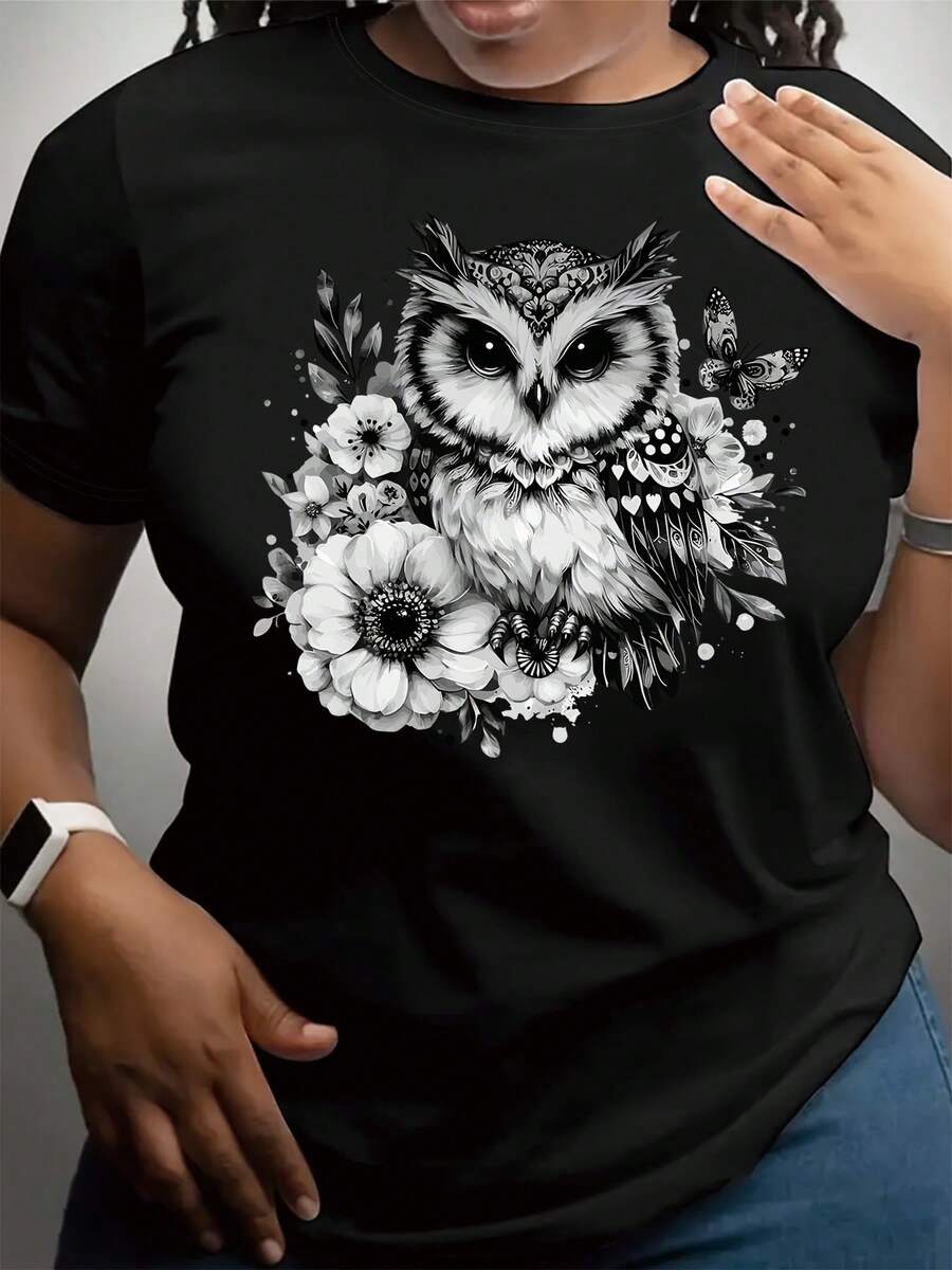 Camiseta casual de manga corta y cuello redondo para mujer de talla grande - estampado floral de búhos, semitransparente, adecuada para todas las estaciones, lavable a máquina, corte regular, esencial para el día a día. Camiseta estampada de moda casual para mujer de talla grande. - Negro - Ver 1