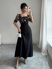 YHHElenzga Vestido midi con cuello cuadrado asimétrico y bordado en la cinturaYHH - Negro - Ver 3