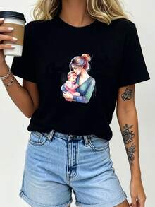 Camiseta de manga corta estampada para madre e hija de 180g, una opción de regalo para momentos en familia, camiseta casual para mujer, suave y cómoda, adecuada para reuniones de verano. - Negro - Ver 1