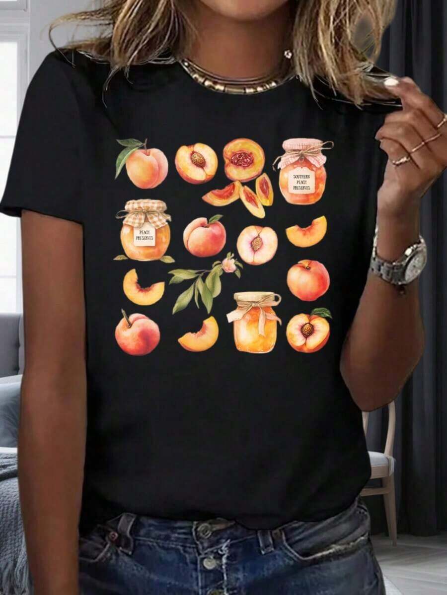 Women's Casual T-Shirt With Fresh Peach And Peach Jam Print, Summer Casual Top With Fruit Print, 220g, 100% Cotton, Durable - 黑色 - 查看 1