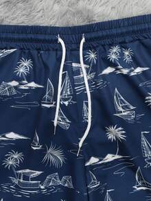 Mercer Haus Men's Swim Trunks, Loose Fit With Drawstring Waist, Rose Flower And "Love Rose For You" Text Design, Side Pockets Beach Shorts - Blue - View 8