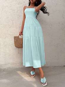 Vestido con escote de tubo plisado de tela texturizada color melocotón claro, con tirantes finos, cintura suelta, estilo relajado para vacaciones - verde menta - Ver 7