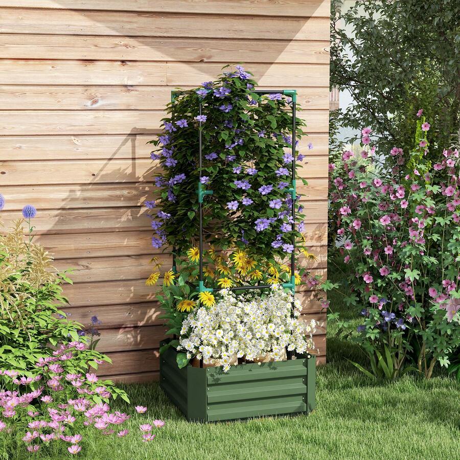 Raised Planter With Trellis, Flower Box And Vegetable Patch, Made Of Galvanized Steel, Ideal For The Garden And Balcony, Green - A - View 1