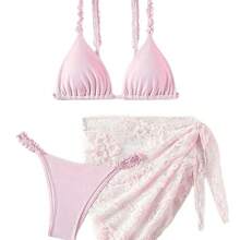 Bikini sexy de tres piezas estilo Ins para mujer, conjunto de traje de baño con tirantes y espalda descubierta. - Beis - Ver 6