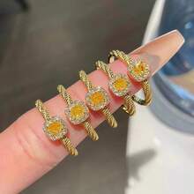 Women's Fashionable Minimalist 18K Gold Plated Square Cubic Zirconia Open Ring - Gold - View 5