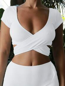 Women's Ribbed Reversible Crop Top Tie Front  Square Neck Two-Way Wearable Short Sleeve Top For Casual Summer - 白色 - 查看 4