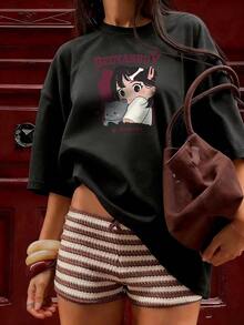 Anime Girl And Gray Kitten T-Shirt, Fashionable Short-Sleeve T-Shirt For Spring/Summer 2026, Made In Mexico, 180 Grams. Cartoon Print, Couple Design, Suitable For Indoor Or Outdoor Wear. Crew Neck, Unisex, Ideal For Office And Leisure. One-Pack. - BK-P631577SLNDXZGY570 - 查看 2