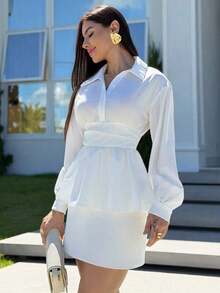 Yohana Edit Blusa blanca de mujer con cuello vuelto, manga larga, volantes fruncidos en el bajo, blusas de mujer blancas, camisa de mujer abotonada, camisas de mujer de manga larga, camisa blanca abotonada, camisa de festival, ropa profesional, ropa casual de negocios para mujer - Blanco - Ver 4