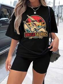 1 Piece Unisex Loose-Fitting Short-Sleeved T-Shirt, Crew Neck, 180g, 100% Pure Cotton, With A Retro Family Dinosaur Print (Grandpasaurus/Grandmasaurus/Sistersaurus) With Sunset And Palm Trees. Y2K Bababask Style, Y-Inspired, Ideal For Summer, Everyday Wear, Festivals, Beach Outfits, Suitable For Plus Sizes And All Year Round. - 黑色6 - 查看 6
