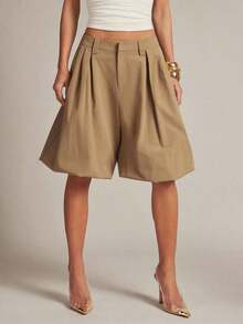 Pantalón corto/largo de mujer con dobladillo acampanado y fruncido - Caqui - Ver 2