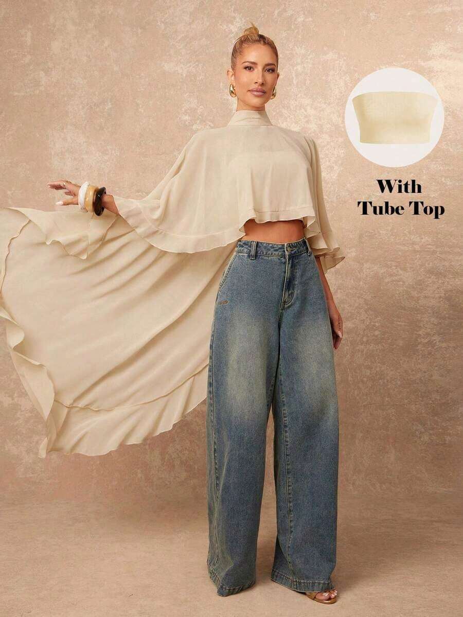 Nueva llegada Blusa elegante de mujer de alta gama con cuello suelto, bajo asimétrico con volantes, parte delantera corta y parte trasera larga - Albaricoque 2 - Ver 1