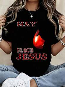 Soft 100% Cotton Women's T-Shirt, Crew Neck, With "May Girl I Am Covered By The Blood Of Jesus" Print, Short Sleeves, Christian Statement Top For Casual Wear And Religious Events. Breathable Cotton T-Shirt, Goes With Everything, Great. - 黑色 - 查看 6