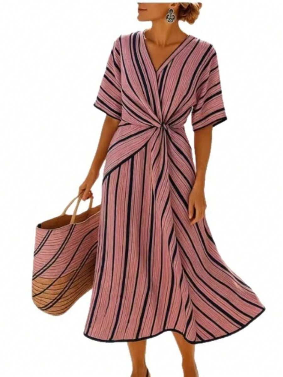 Vestido midi boho elegante para mujer con escote en V profundo y manga corta, diseño casual con cintura torcida, atuendo perfecto para fiesta nocturna - Rojo - Ver 1