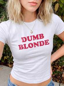 [Crop Top] Camiseta Corta Dumb Blonde |     Camiseta Gráfica Divertida Y2K 2026 para Mujer, Ropa Linda de Verano - Estilo Urbano Vintage Unisex, Camiseta Holgada de Algodón de Manga Corta con Cuello Redondo, 100% Algodón - Blanco - Ver 1