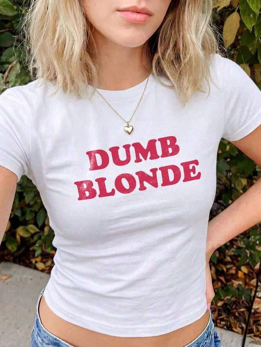 [Crop Top] Camiseta Corta Dumb Blonde |     Camiseta Gráfica Divertida Y2K 2026 para Mujer, Ropa Linda de Verano - Estilo Urbano Vintage Unisex, Camiseta Holgada de Algodón de Manga Corta con Cuello Redondo, 100% Algodón - Blanco - Ver 1