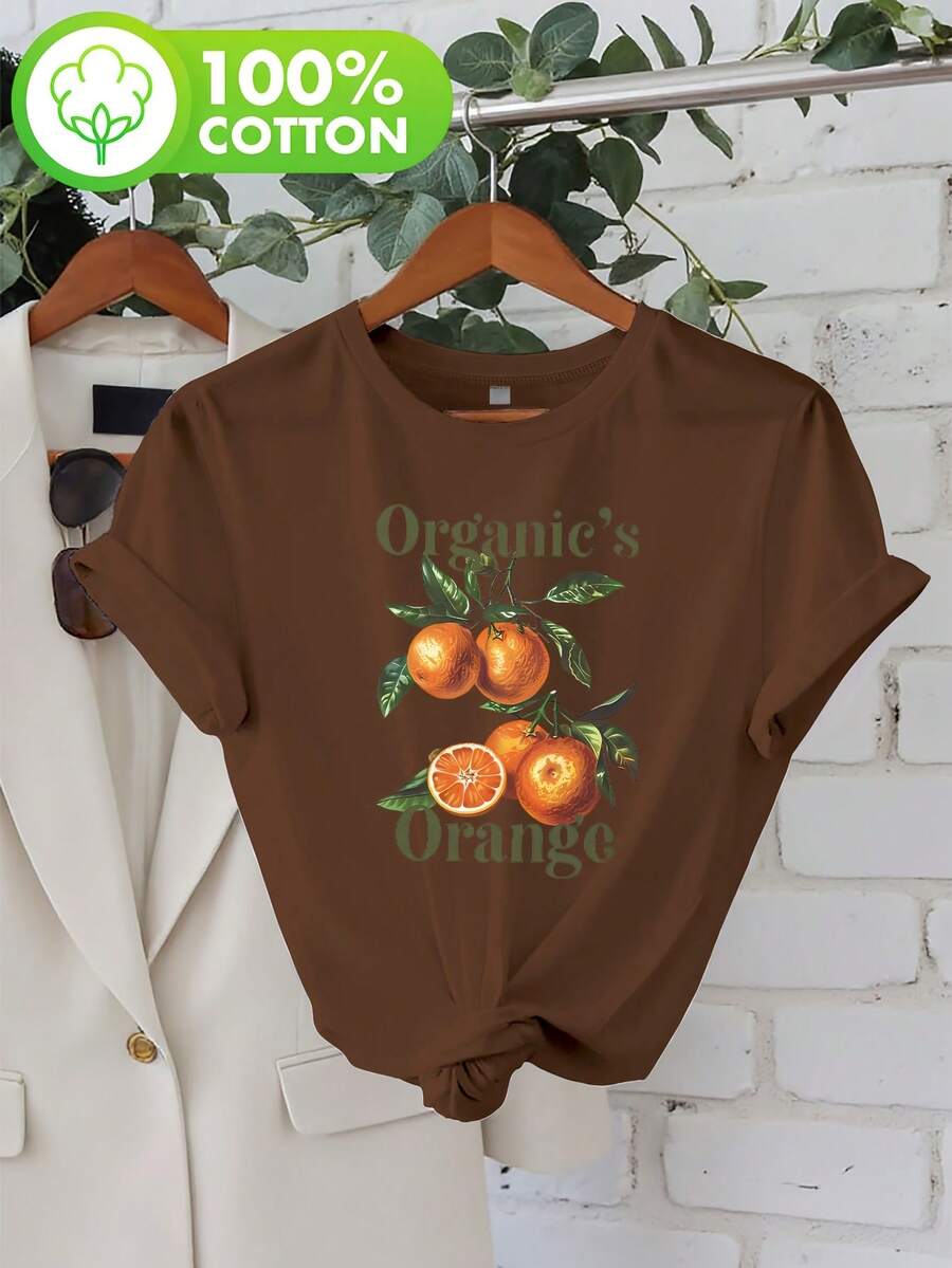 Talla Grande, Camiseta Casual de Manga Corta con Cuello Redondo y Estampado de Frutas Naranjas con Hojas para Mujer de Talla Grande - Café integral - Ver 1