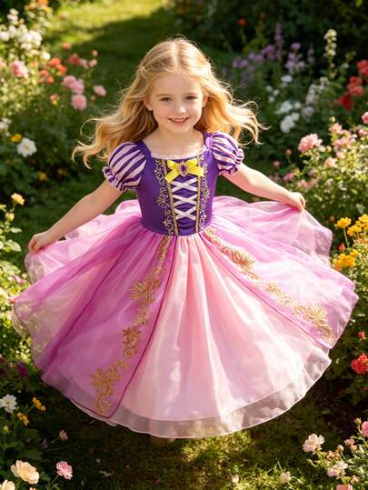 Vestido morado de fiesta para niñas con cuello cuadrado, mangas abullonadas, hombros descubiertos y estampado de lámina de oro, vestido con estampado de lámina de oro, vestido con broche, adecuado para salidas, reuniones, actuaciones en el escenario y otros eventos importantes