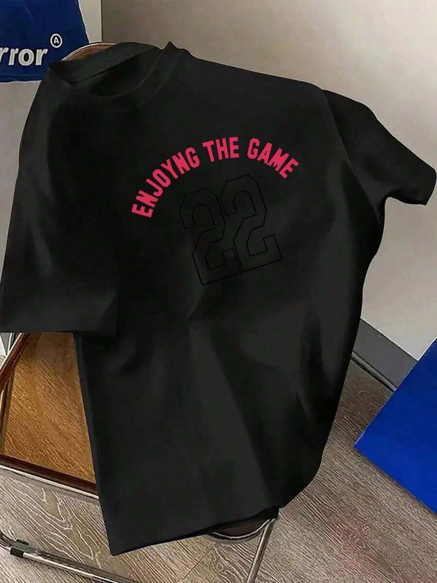 2026 Summer New Pure Cotton T-Shirt 1pc Plus Size Men's T-Shirt 100% Cotton Round Neck Short Sleeve T-Shirt With "ENJOYING THE GAME" 22 Number Print Pattern Comfortable Casual Short-Sleeved T-Shirt In Summer2026 Casual Versatile Comfortable Top - Negro - Ver 1