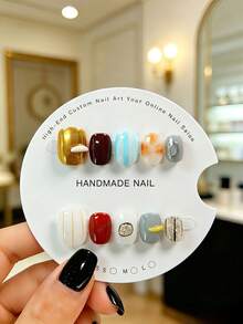10pcs Handmade Press-On False Nails, Short Square Round Shape These Beautiful False Nails Feature A Multi-Color Design With A Mix Of Thick And Thin Plaid Patterns, Inlaid With Square Rhinestones, And Accented With 3D Curved Lines. Perfect For Women And Girls, They Are Suitable For Parties, Weddings, And Daily Wear. A Tool Kit Is Included For Easy Application. - Multicolor - View 7