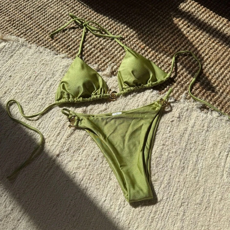 New And Sexy Two-Piece Swimsuit Made Of Shiny Metallic Nylon With Rings, Open Back And Back Tie. - Light Green - View 1