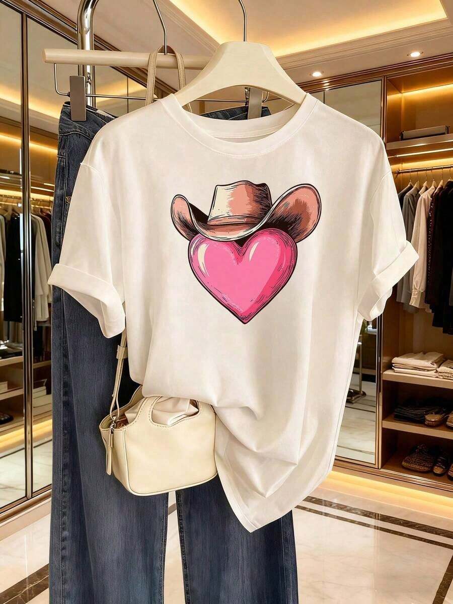 Camisetas de manga corta de talla grande para mujer, para el verano, tops básicos de uso diario, camiseta de manga corta estilo nuevo 2026, corazón de mezclilla para el Día de San Valentín, estilo único 2026, camisa de mujer casual y hermosa, top versátil + lavable a máquina, idea de regalo, transpirable y cómoda. - Blanco - Ver 1